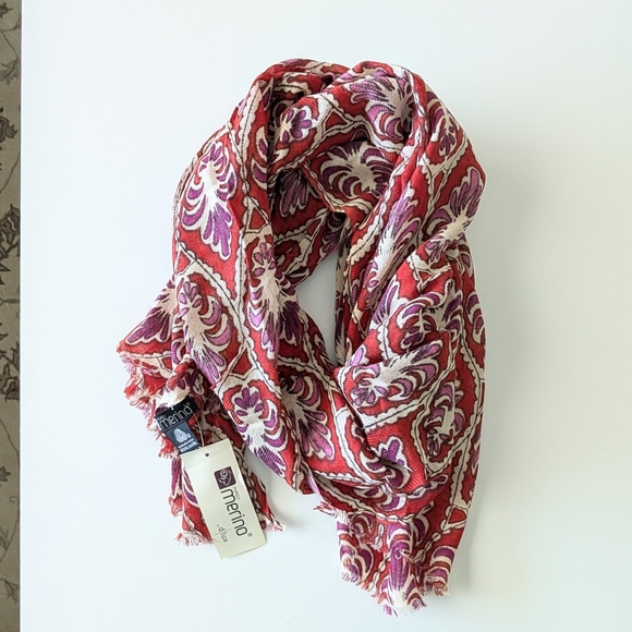 Merino Accessories - Ultra Light Merino Wool Scarf Red and Purple Cream, NWT